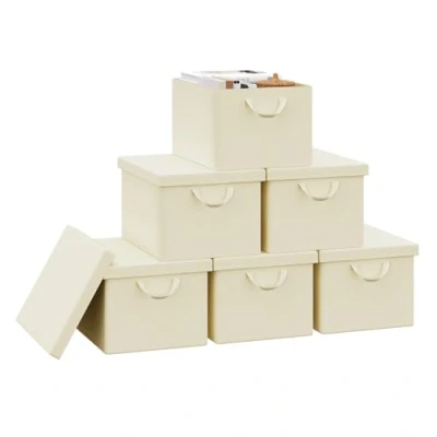 Image of WOLTU Storage Boxes Set of 6, Baskets, Cubes with Handles and Lid, Fabric Folding Baskets for Shelves in Bedroom, Study, Children&#039;s Room, Metal Frame, Cream, 43x26x33 cm