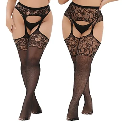 Image of MANZI Women Suspender Tights Plus Size Lace Patterned Garter Stockings Sexy Fishnet Thigh High 2 Pairs