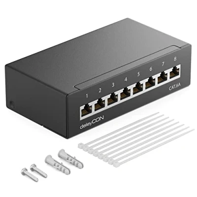 Image of deleyCON CAT 6a Patch Panel Distribution 8 Port 1 U Desktop &amp; Wall Mounting Shielded 8x RJ45 Socket LAN Network Installation Cable TIA568A TIA568B RAL 9005 Black