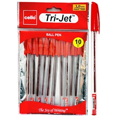 Image of Cello Tri Jet Red Ballpoint Pens Extra Grip Medium Point Biros (1.0 mm) Pens, Pack Of 10,