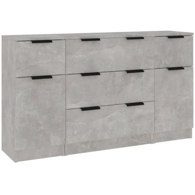 Image of vidaXL 3 Piece Sideboard Set in Concrete Grey Engineered Wood, Modern Cupboard Cabinet for Living Room or Bedroom Storage