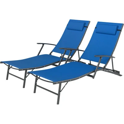 Image of Outsunny Set of 2 Folding Sun Loungers for Garden, 4 Positions Adjustable Outdoor Chaise Lounge Chairs with Armrests, Pillows, Steel Frame, Sunbed Recliners Patio, Beach and Poolside, Blue