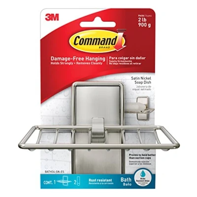 Image of Command Bath Soap Dish, Satin Nickel, 1 Dish + 2 Water Resistant Adhesive Strips Damage Free Hanging Holds up to 900 g