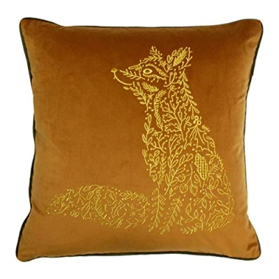 Image of furn. Forest Fauna Fox Embroidered Piped Velvet Feather Filled Cushion Gold One Size