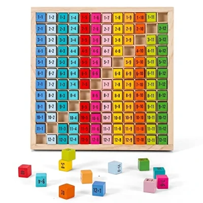 Image of SOKA Wooden Toy 145 Pieces Colourful Board Montessori Math with 1 to 12 Times Table Tray Answers, Mathematics Multiplication Educational Learning Counting Game for Children Kids 3+