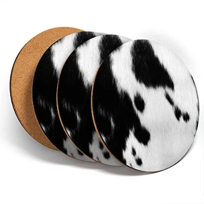 Image of Destination Vinyl ltd Great Coasters (Set of 4) Round Black &amp; White Cow Print Pattern Animal Farm Drink Glossy Coasters/Tabletop Protection for Any Table Type #44288