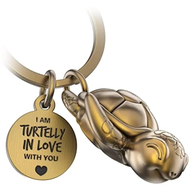 Image of FABACH Turtle Key Ring Snappy with Heart and Engraving Cute Keyring Love Lucky Charm as a Gift for Partner Turtelly in Love, Antique bronze, standard size, Casual