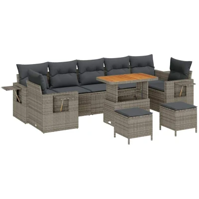 Image of vidaXL 10 Piece Garden Sofa Set with Cushions Grey Poly Rattan Acacia