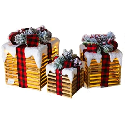 Image of Netagon Set of 3 Indoor Home Under Tree Decorations Light Up Illuminated LED Gift Boxes Box with Bow Detail (Red Tartan Design Ribbon)