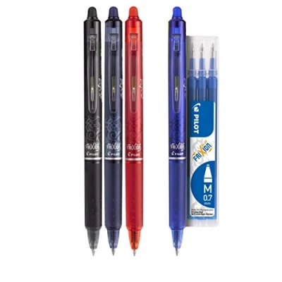 Image of Pilot FriXion Clicker Rollerball Pen Gel Ink Ball Tip Erasable Push Button Set of 4 Black / Blue Red + 3 Refills
