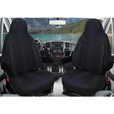 Image of BREMER SITZBEZÜGE Measure Pilot Seat Covers Compatible with Motorhome Ducato Weinsberg Adria Dethleffs Accessories,Set of 2 Protective Including Armrest in Black/Blue Stitching,WPL406