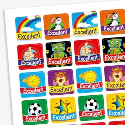Image of 560 Mixed Square Excellent Motivational Childrens Pupils School Teachers Praise Reward Stickers Value Pack 16mm Primary Teaching Services