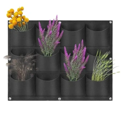 Image of Jenngaoo 12 Pockets Vertical Wall Garden Planter, Degradable Reusable Felt Plant Grow Bag Planter Container for Flower Vegetable Indoor/Outdoor(Black)