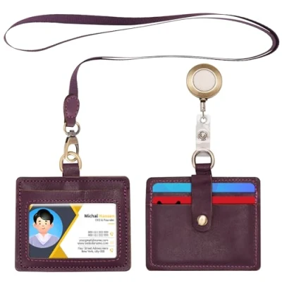 Image of Wonderpool Leather Horizontal Badge Holder with Detachable Neck Lanyard and Retractable Reel Clip, Card Slots Case ID for Badges Driver Licence (Purple)