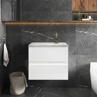 Image of Hudson Reed URB104LBG Urban Modern Bathroom Wall Hung Vanity Unit with 2 Soft Close Drawers and Grey Worktop, 600mm, Satin White