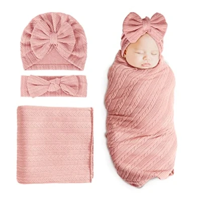 Image of DRESHOW Newborn Receiving Blanket Toddler Warm for Girls with Matching Bow Hat and Headband