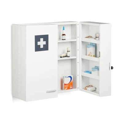 Image of Relaxdays Medicine Cabinet, Lockable, 11 Compartments, Steel, HxWxD: 53 x 21.5 cm, Double Door, First Aid, White, Alloy
