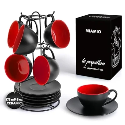 Image of MIAMIO Set of 6, Ceramic Stackable Cappuccino Cups / 175 ml Mugs and Saucer with Metal Stand for Coffee Drinks, Cappuccino, Latte, Americano Tea Le Papillon Collection (Red)