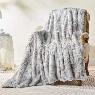 Image of EMME Faux Fur Blanket Fluffy Blanket, Super Soft, Thick and Elegant, Long Hair Shaggy Warm Cozy Reversible for Sofa Bed (Dye Tie Light Grey, 130x 150 cm)