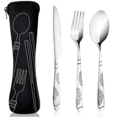 Image of 3 Pcs Cutlery Set with Portable Pouch Case, Stainless Steel Flatware Camping Utensil Neoprene Bag, Knife, Fork, Spoon for Outdoor Travel Picnic Office School Lunch Box