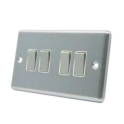 Image of AET CSC4GSWIWS Satin Chrome Classical White Insert Metal Rocker Switches 10 Amp 4 Gang 2 Way Light Switch, 240 V