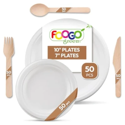 Image of FOOGO Green 250pcs Disposable Sugarcane Fibre Paper Plates and Wooden Cutlery Set, FSC® Certified, 50x Large Round Plates, Small Forks, Knives, Spoons, Strong
