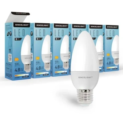 Image of SINCELIGHT E27 LED Candle Light Bulb, B35 Shape with Milky Diffuser, 5 Watt, Cold White 6500K &amp; RA≈92 High Color Rending, 500 Lumens≈50W Equivalent, Non Dimmable, ES Edison Screw, Pack of 6