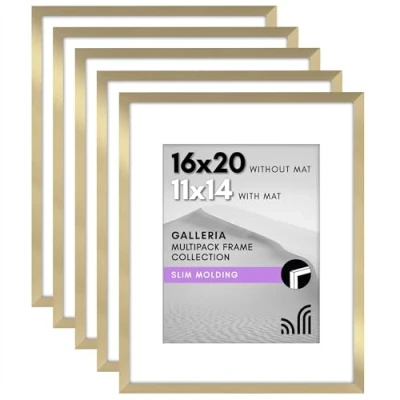 Image of Americanflat 16x20 Picture Frame with Polished Plexiglass Set of 5 Use as 11x14 Mat or Without Galleria Collection Gallery Wall for Display Gold