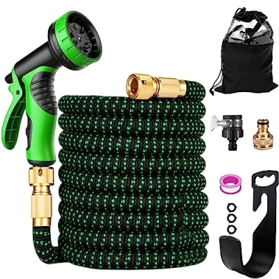 Image of Expandable Garden Hose Pipe 100FT, 3 Times Expanding Flexible Magic Lightweight Watering with 10 Function Spray Gun/Brass Fittings/Anti Leakage 3/4&#039;&#039;&amp;1/2&#039;&#039; Connectors Hosepipe(100ft)