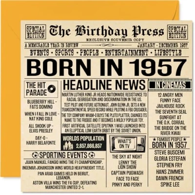 Image of 67th Birthday Cards for Men Women Born In 1957 Newspaper Happy 67 Card Grandad Grandma Nan Vintage Retro Back 1957, 145mm x Sixty Seven Seventh Bday Greeting