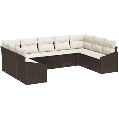Image of vidaXL 9 Piece Garden Dining Set with Cushions in Brown Poly Rattan