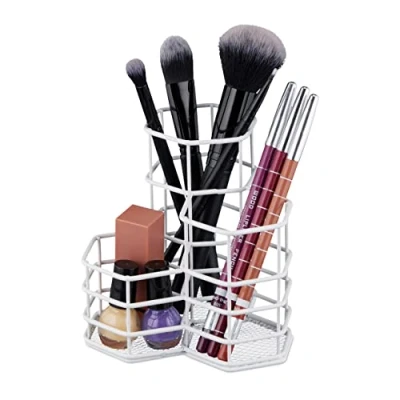 Image of Relaxdays Brush, 3 Compartments, Hexagon, H x W D: 12.5 12 cm, Wire, Pen Holder, Organiser, White, Iron