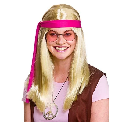 Image of Wicked Costumes Adult Long Blonde Woodstock Hippie Fancy Dress Set (Wig, Glasses, Headband &amp; Medallion)