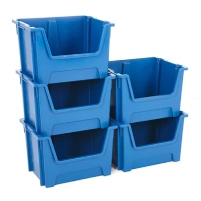 Image of BiGDUG Essentials Large Stacking Pick Bins 320H x 495W 390D mm 50L Capacity Plastic Storage Boxes (Blue, Pack of 5)