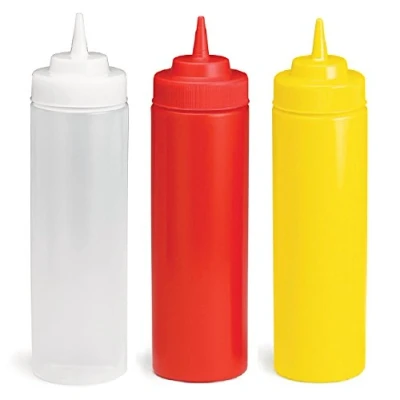 Image of Tablecraft by Chefline Set of 3 Widemouth Sauce Bottle/Dispenser 24oz Clear/Red/Yellow, Mayo/Ketchup/Mustard
