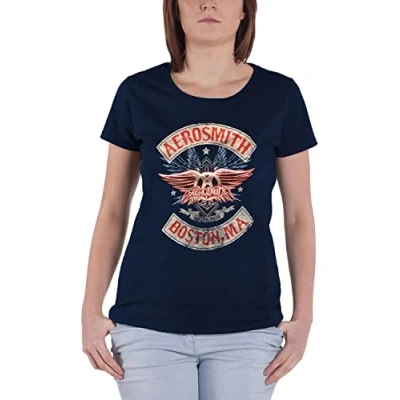 Image of Aerosmith T Shirt Boston Pride Band Logo Official Womens Skinny Fit Navy Blue XS