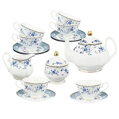 Image of fanquare 21 Pieces Porcelain Tea Set Service, Blue Floral Afternoon Set, British Coffee with Teapot, Cup and Saucer