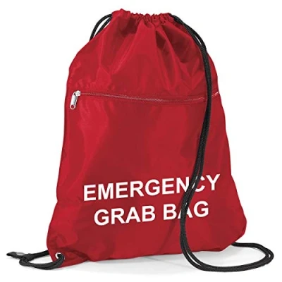 Image of School Evacuation Emergency Grab Bag Printed Red Documents &amp; Equipment Drawstring Sack