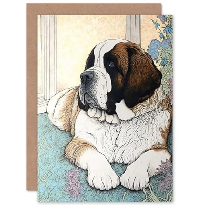 Image of Artery8 St Bernard Dog Lying by Flower Pot Modern Bright Multicoloured Illustration Art Birthday Sealed Greeting Card Plus Envelope Blank inside