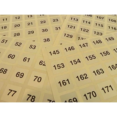 Image of 20mm (0.8 inch) Square Black on Silver Consecutive, Sequential Number Sequence Labels, Numbering Stickers, from 1 192