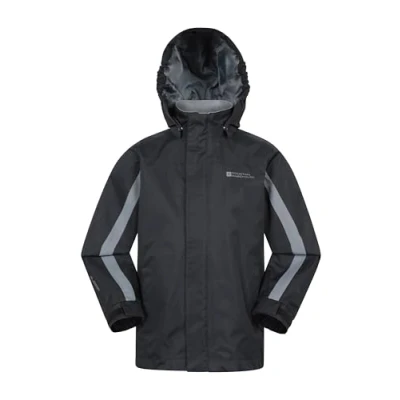 Image of Mountain Warehouse Samson Kids Waterproof Jacket Taped Seams Rain Jacket, Adjustable Cuffs Boys Triclimate Coat, Mesh Lined Girls Raincoat For Travelling Black Size 9 10 Years
