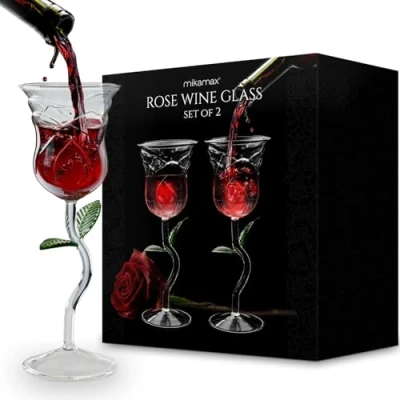 Image of MikaMax Rose Shaped Wine Glasses Creative Goblet Aesthetic Design 200ml Red Glass Cocktail Juice Cup Home Bar Wedding Pink 2 Pack Beautiful in Gift Box