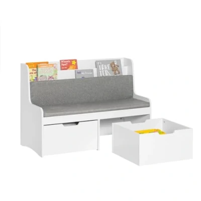 Image of SoBuy KMB66 W, Children Kids Storage Bench with Backrest, Seat Cushion and Mobile Chests, Toy Chest Box Cabinet