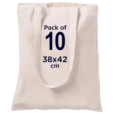 Image of Centrix Natural cotton 10 pack 15 X 16 inch reusable grocery bags, 5.5 oz canvas tote, eco friendly super strong washable great choice for promotion branding and gift