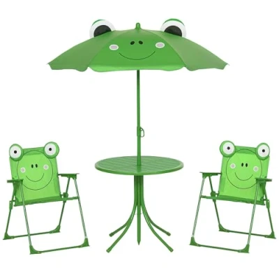 Image of Outsunny Kids Outdoor Table and Chairs Garden Furniture Frog Pattern with Removable &amp; Height Adjustable Sun Umbrella, Green