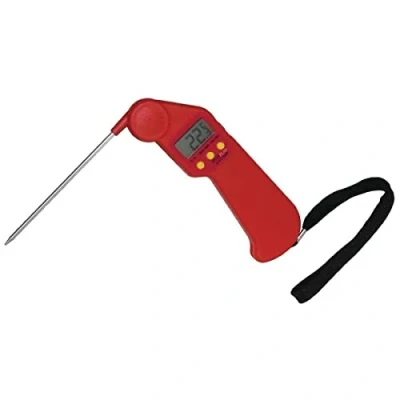 Image of Hygiplas Easytemp Thermometer, Red Colour Coded Raw Meat Products, Temperature range: 50C to 300C, 15 sec Response Time, Fold Away Probe, 1x AAA Battery Required, CF913