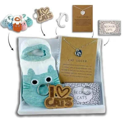 Image of Fuzzy Cactus Cat Lover Gift Hamper Box Socks, Keyring, Magnet, Necklace, and Ring