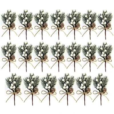 Image of KHBNHJ Artificial Christmas Picks 20Pcs White Berries Stems Pine Branches Cones Holly Spray, Wreath Floral for Decor (White)