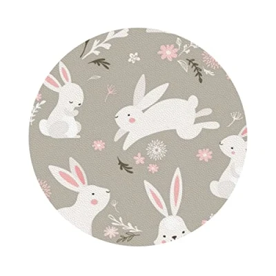 Image of Easter Bunny Floral printed PVC Coaster Set of 6, Table Drink Coffee Coasters Round Shape 6 Pieces