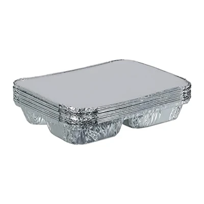 Image of 30pcs Rectangular Aluminium Containers Food Pan with Lid Tin Foil Container Paper Lids Meal Prep Tray for Baking, Freezing, Roasting (3 Compartment)